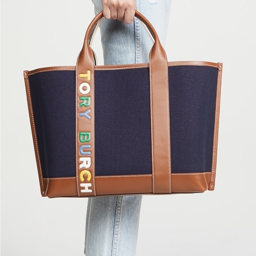 Tory Burch Women’s Perry Multi Stripe Canvas Tote, Royal Navy